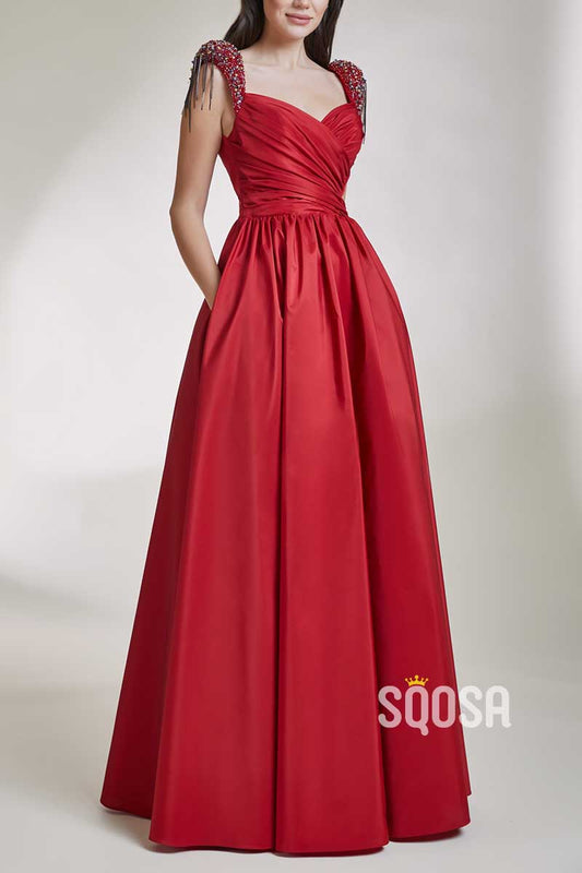 Satin A-Line Sweetheart Beaded With Pockets Floor-Length Formal Prom Dress QP3498