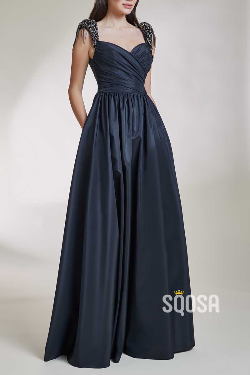 Satin A-Line Sweetheart Beaded With Pockets Floor-Length Formal Prom Dress QP3498