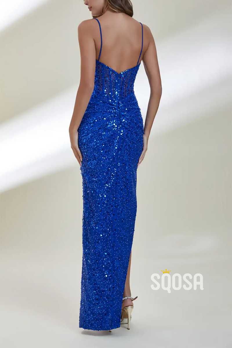 Sweetheart Spaghetti Straps Sequined Pleats With Side Slit Formal Prom Dress QP3499