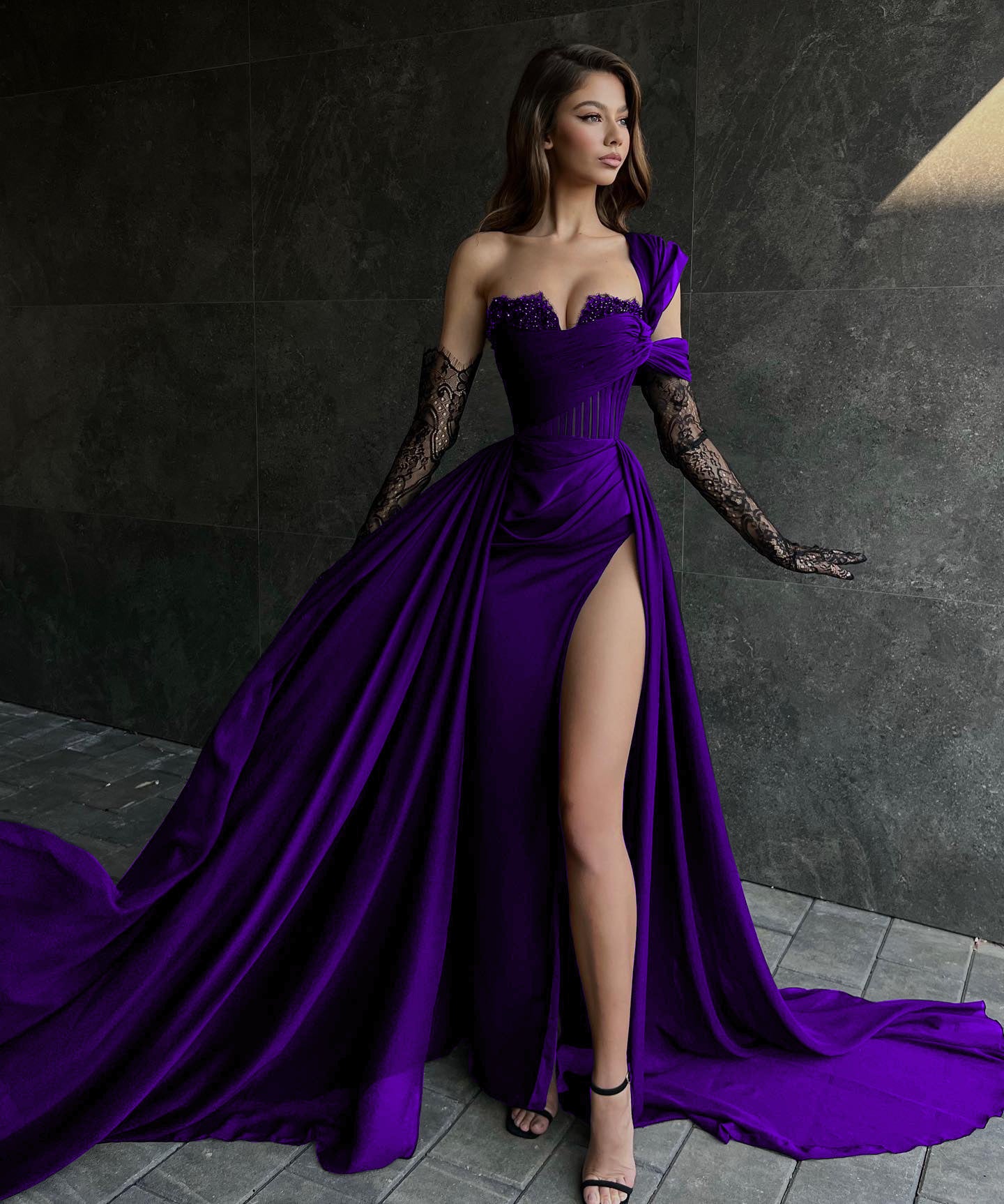 Best Purple Dancing Prom Dresses 2020 A-Line / Princess Deep V-Neck  Sleeveless Beading Sequins Glitter Tulle Sweep Train Ruffle Backless Formal  Dresses