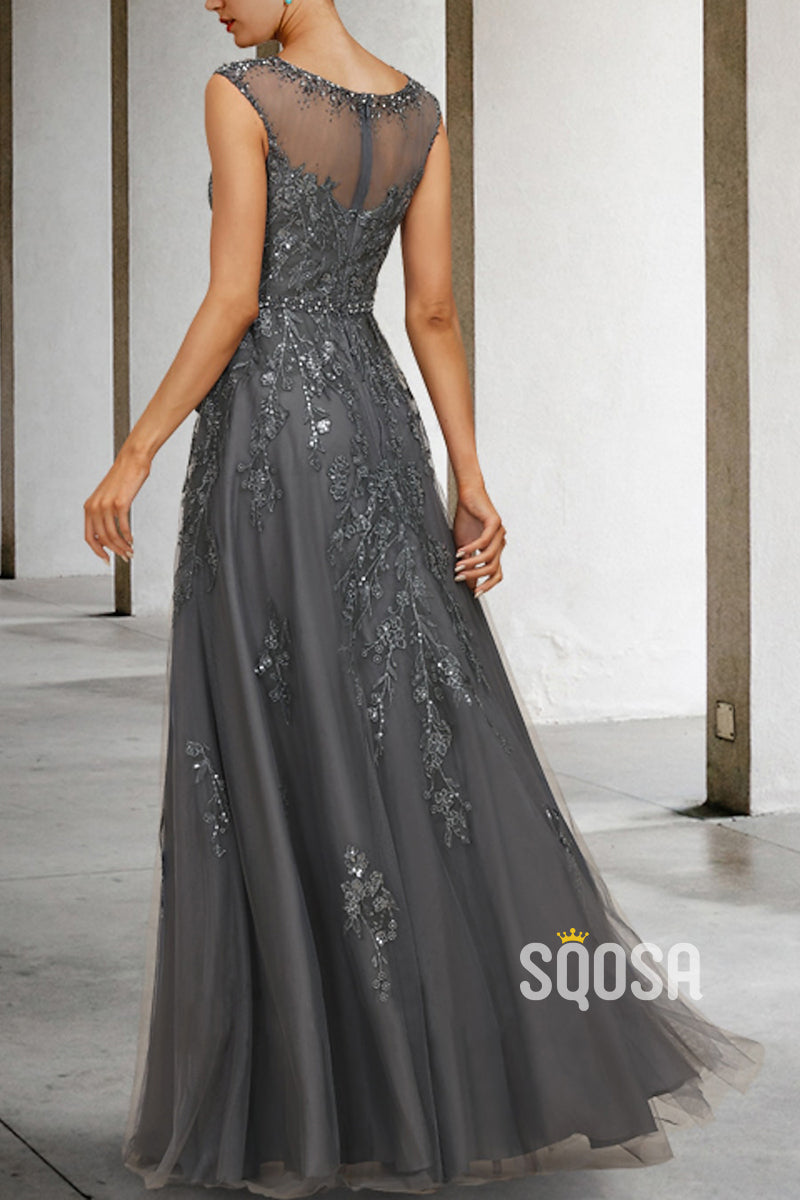 A-Line Scoop Sleeveless  Lace Applique Mother of the Bride Dress Elegant Evening Gown HM3286