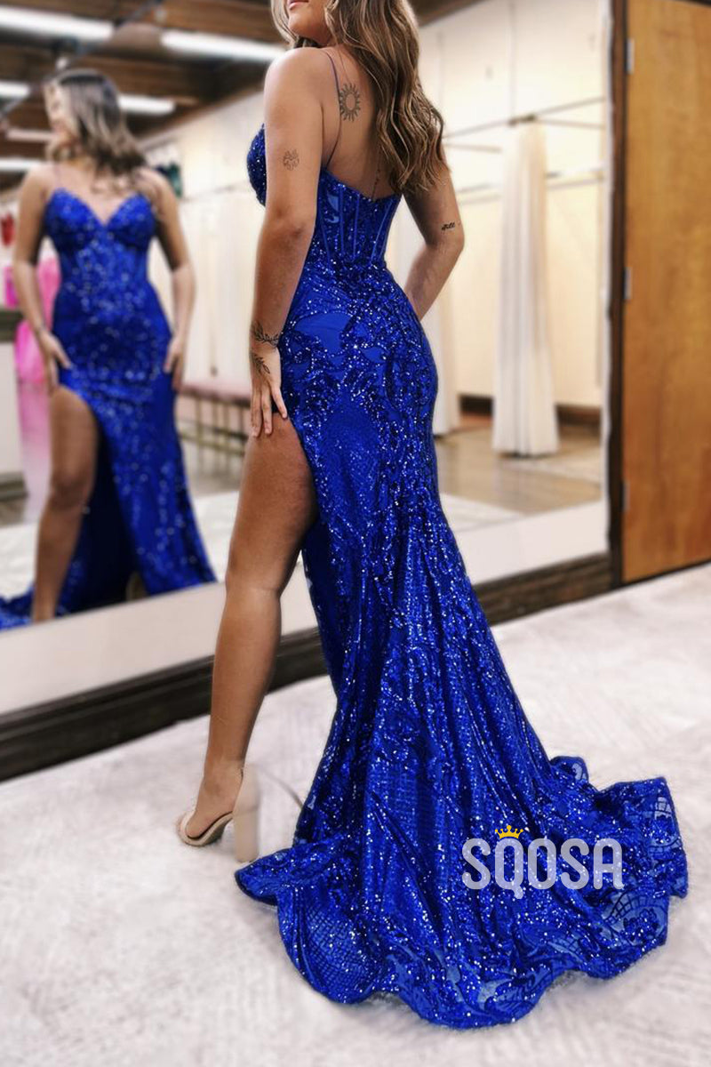 Trumpet V-Neck Spaghetti Straps Empire Appliques With Side Slit Train Party Prom Evening Dress QP2795