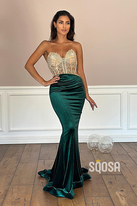 Sweetheart Strapless Illusion Beaded Appliques With Train Party Prom Evening Dress  QP3239