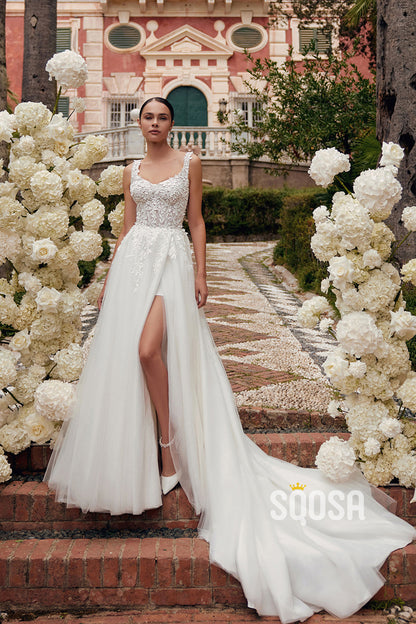 A-Line Applique Straps Tulle Wedding Dress Bridal Gowns With Split QW8084