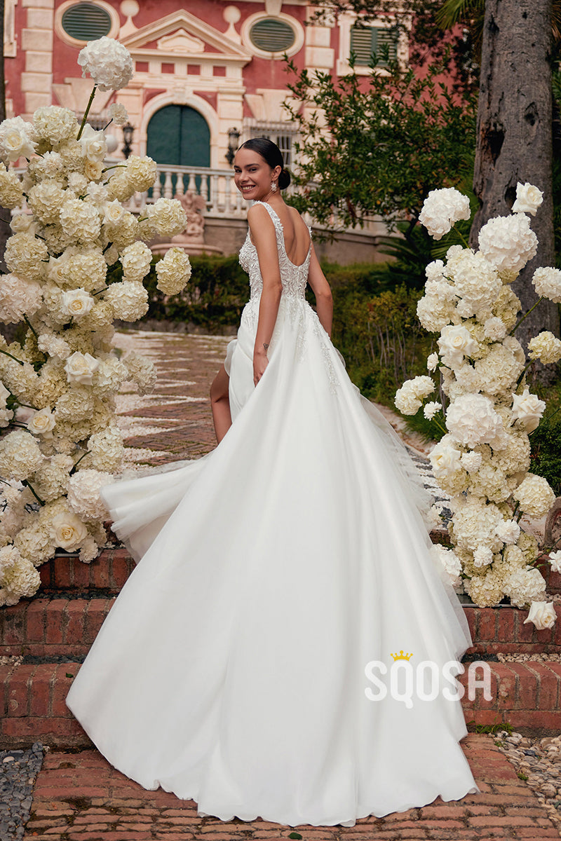 A-Line Applique Straps Tulle Wedding Dress Bridal Gowns With Split QW8084