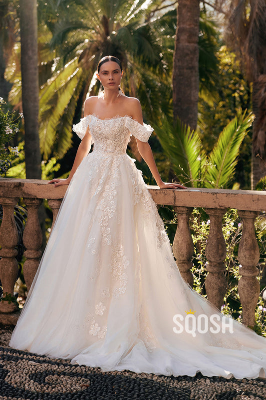 Luxurious A-Line Off-Shoulder Applique Wedding Dress Bridal Gowns With Train QW8083