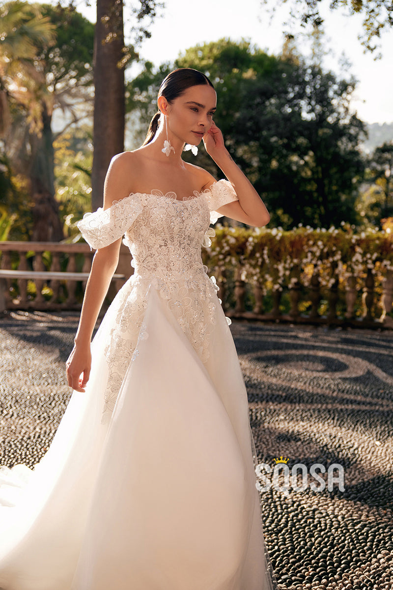 Luxurious A-Line Off-Shoulder Applique Wedding Dress Bridal Gowns With Train QW8083