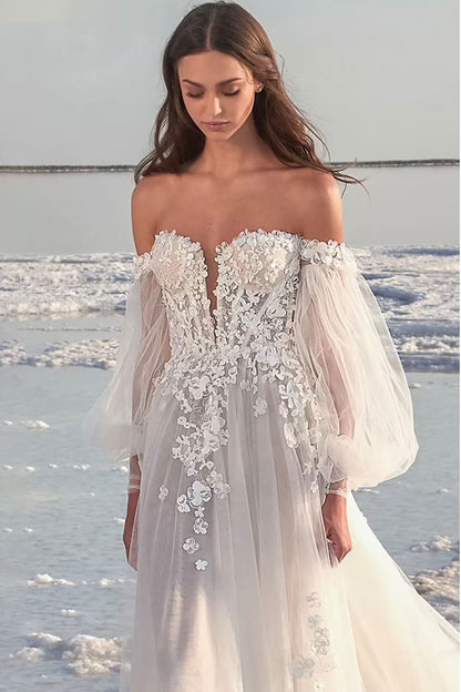Beach Formal Wedding Dresses Court Train A-Line Lace Appliques Long Sleeves Summer Bridal Gown QW2377