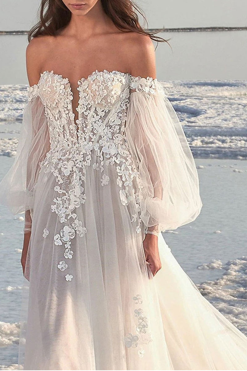 Beach Formal Wedding Dresses Court Train A-Line Lace Appliques Long Sleeves Summer Bridal Gown QW2377