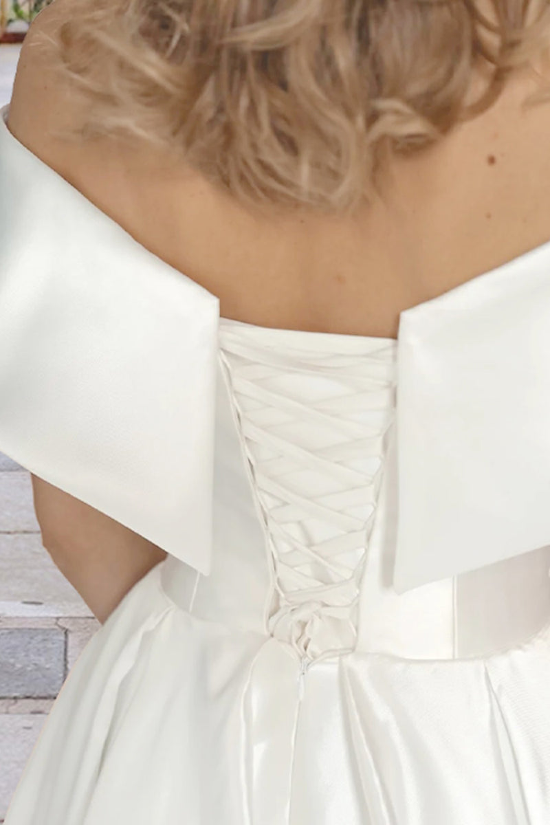 Bridal Shower Little White Wedding Dress Off the Shoulder Tea Length Satin Bridal Gown QW2382