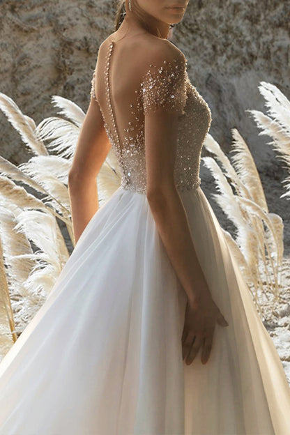 Beach Formal Wedding Dress A line Short Sleeves Beading Summer Bridal Gown QW2387