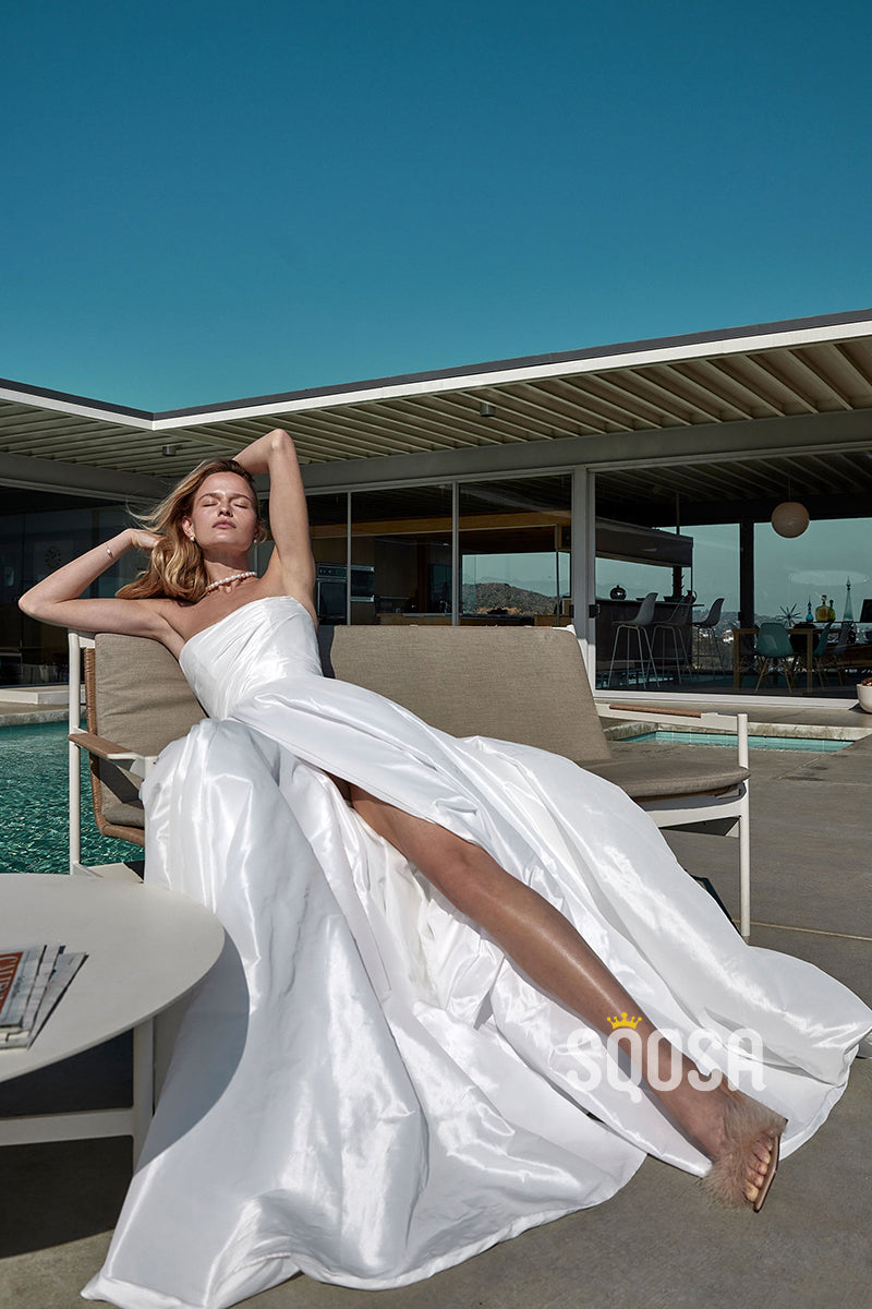 A-Line Detachable Off-Shoulder Satin Wedding Dress Bridal Gowns With Split QW8058