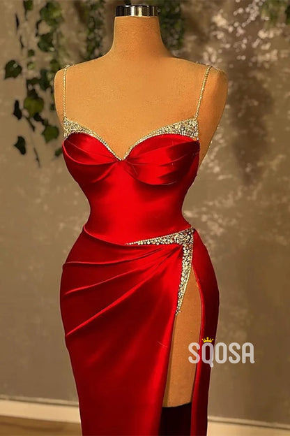 Sweetheart Straps Beaded Red Satin Long Prom Dress With Split Evening Gowns QP3234