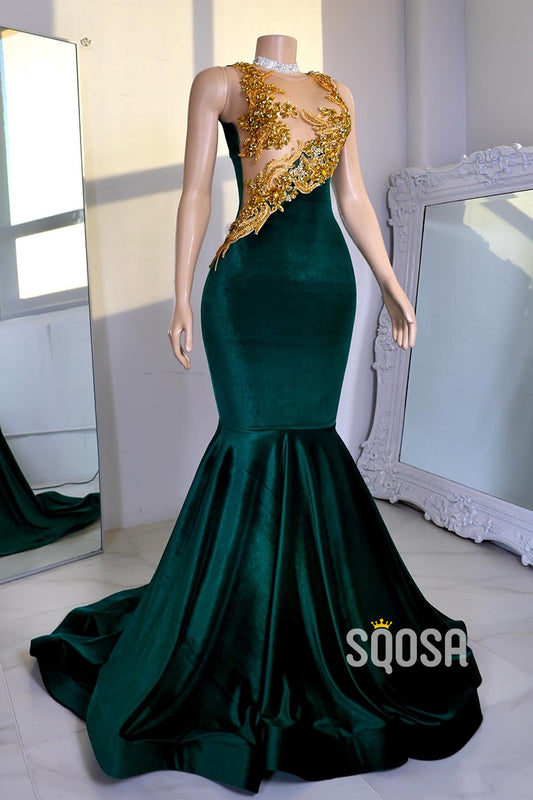 Round Sleeveless Trumpet Appliques Beaded Party Prom Evening Dress For Black Women QP3510