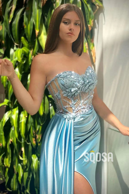 Blue Strapless Beaded Satin Pleats Long Prom Dress With Slit Evening Gowns QP3187