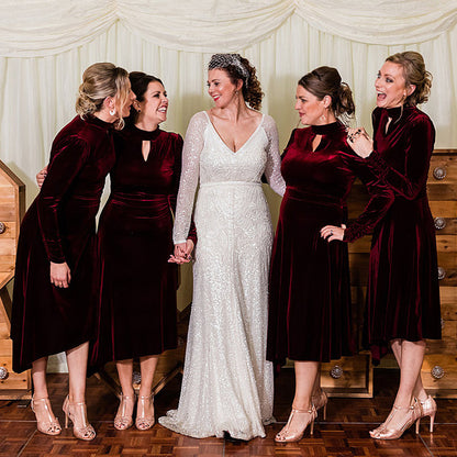 Burgundy Velvet Long Sleeves Tea Length A Line Bridesmaid Dress QB3088