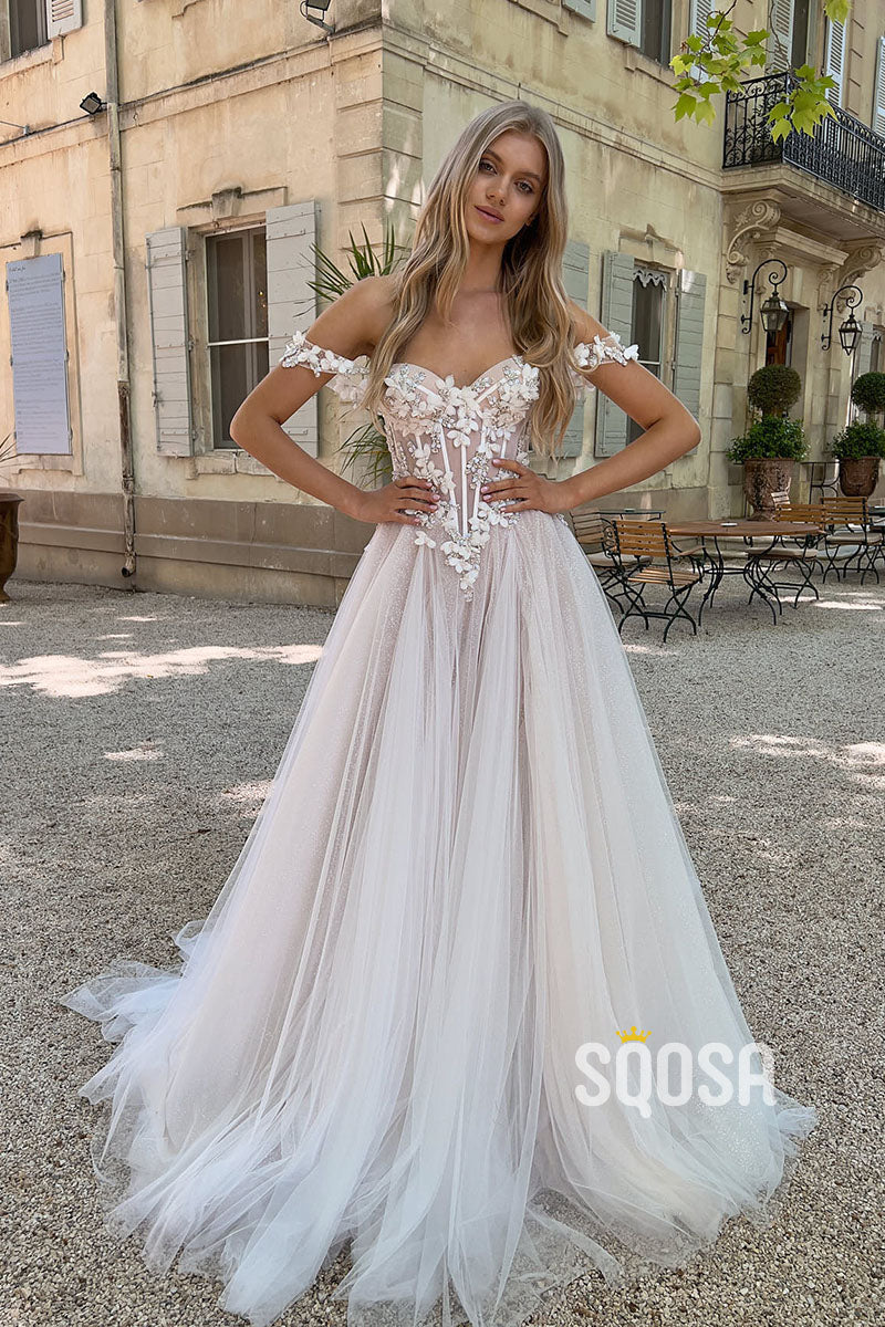 Glitter A-Line Off-Shoulder Beaded Applique Tulle Wedding Dress With Train QW8033