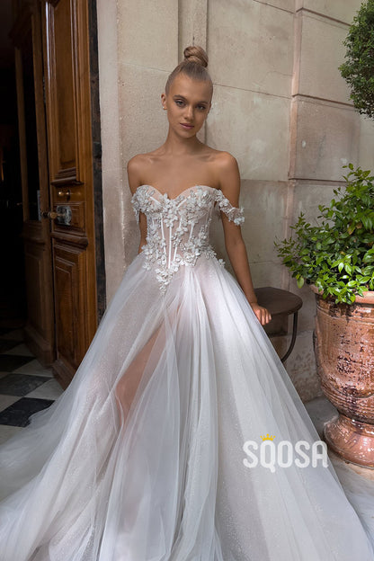 Glitter A-Line Off-Shoulder Beaded Applique Tulle Wedding Dress With Train QW8033