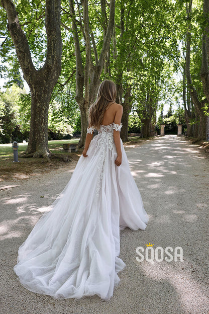 A-Line Off-Shoulder llluison Applique Glitter Tulle Wedding Dress With Train QW8032