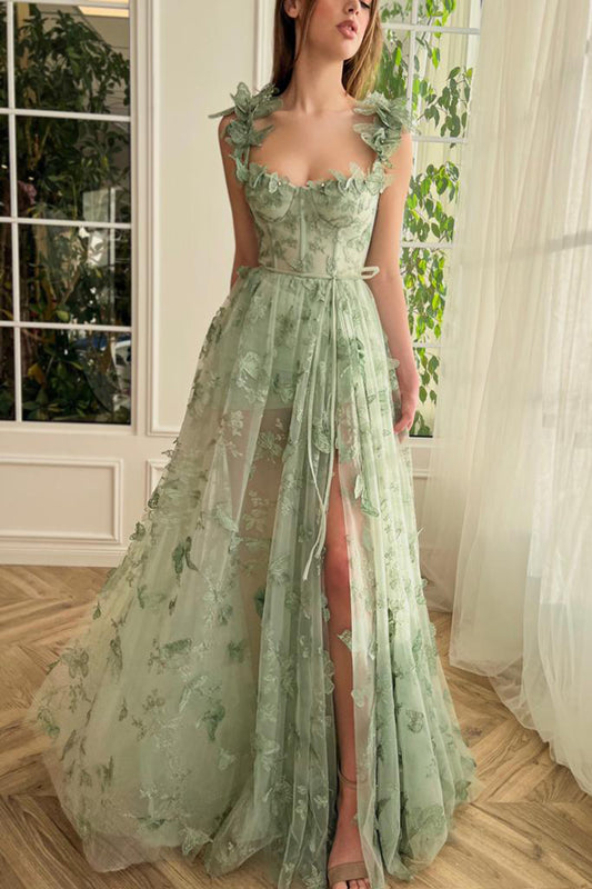 A Line Sweetheart 3D Lace Green Long Prom Dress with Slit QP2747