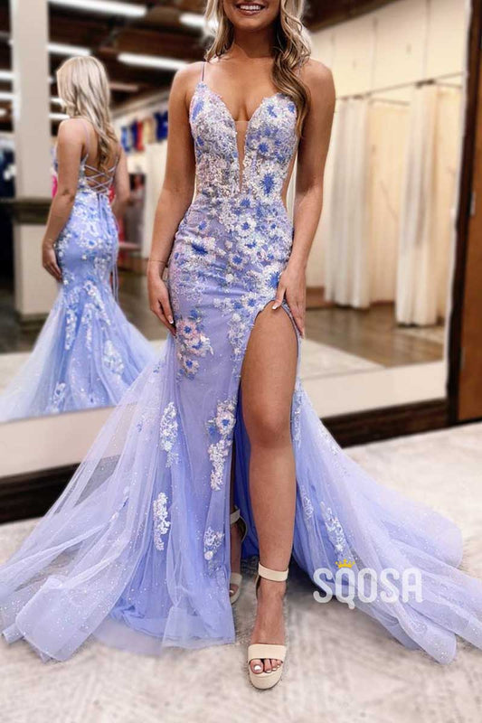 V-Neck Spaghetti Straps Floral Appliqued With Side Slit Party Prom Evening Dress QP3460