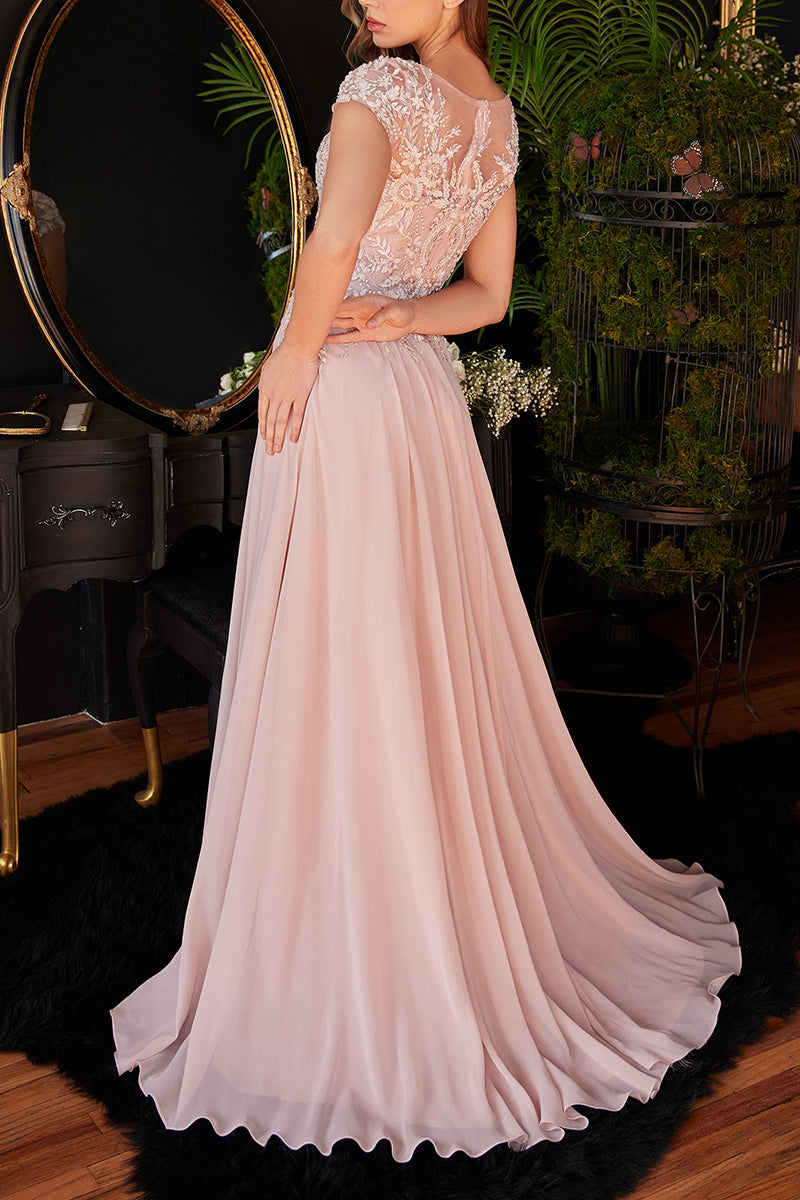 A line Lace Appliques Short Sleeves Elegant Mother of the Bride Dress QM3161