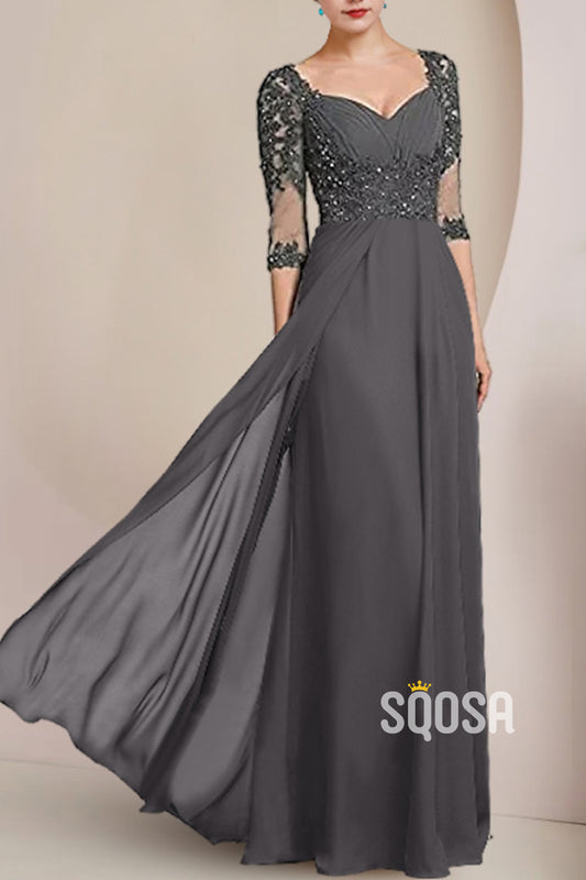 Sheath Sweetheart 3/4 Sleeves Beaded Appliques Mother of the Bride Dress Elegant Evening Gown HM3289