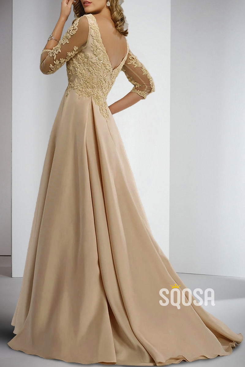 V-Neck 3/4 Sleeves Lace Applique With Train Mother of the Bride Dress Elegant Evening Gown HM3287