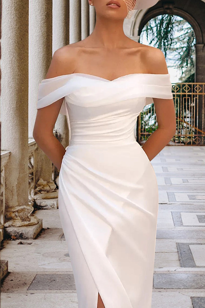Hall Casual Weding Dress Cap Sleeves Off the Shoulder Split Front Bridal Gown QW2369