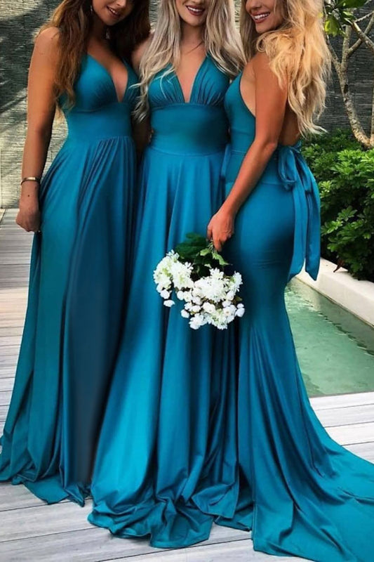 Sexy V Neck Pleats Blue Long Bridesmaid Dress QB3118