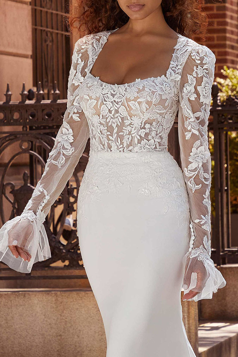 Mermaid Wedding Dress Square Neckline Long Sleeves Boho Wedding Gown QW2293