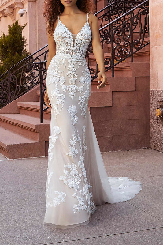 Spaghetti Straps Lace Appliques Mermaid Wedding Dress with Court Train QW2295