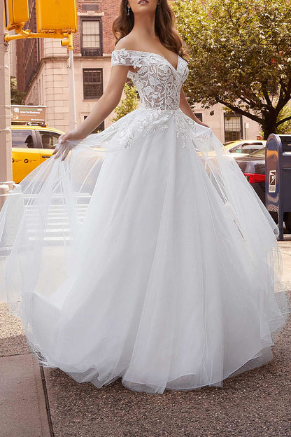 Off Shoulder Lace Appliques Rustic White Wedding Dress with Detachable Skirt Bridal Gown QW2292