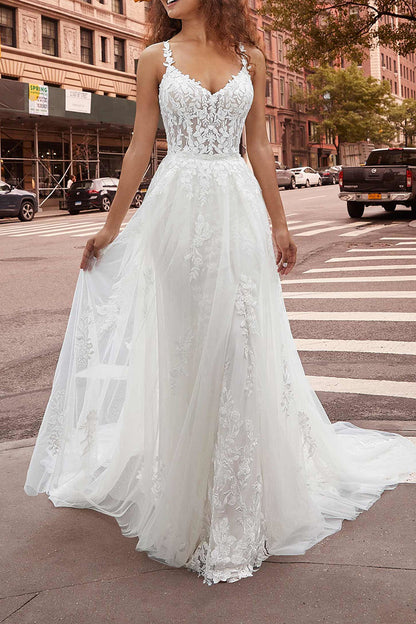Spaghetti Straps V Neck Mermaid Wedding Dress with Detachable Skirt Lace Bridal Gown QW2294
