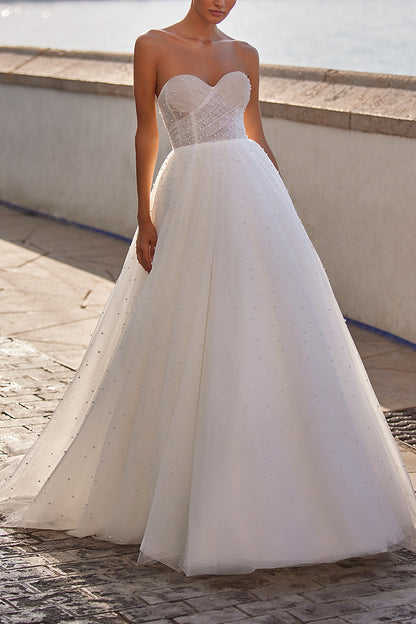 A Line Sweetheart Tulle Pearls Rustic Wedding Dress Bridal Gown QW2177