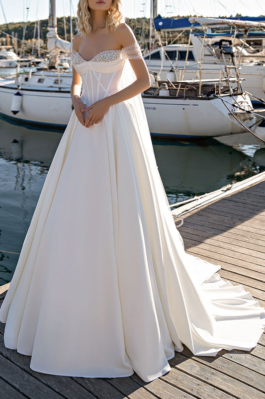A Line Sweetheart Pearls Rustic Wedding Dress QW2194