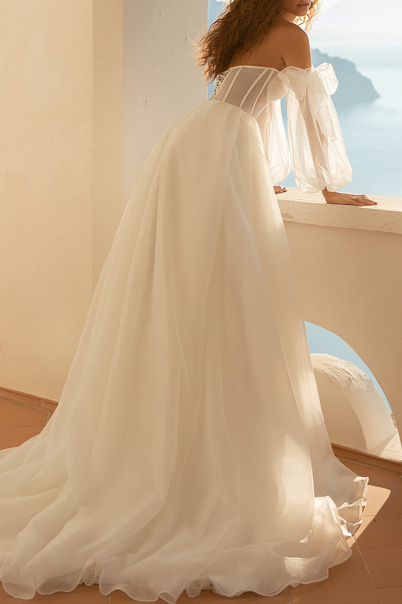 A Line Sweetheart Long Sleeves Rustic Wedding Dress with Slit QW2193