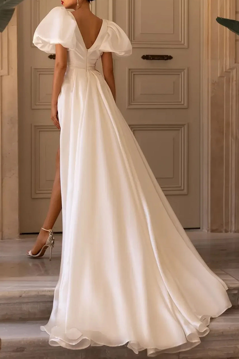 A Line V Neck Short Sleeves Side Slit Rustic Wedding Dress Bridal Gown QW2206