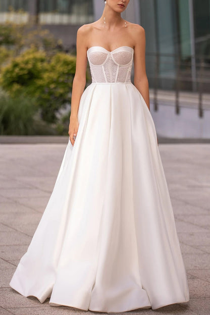 A Line Sweetheart Simple Satin Wedding Dress Bridal Gown QW2219