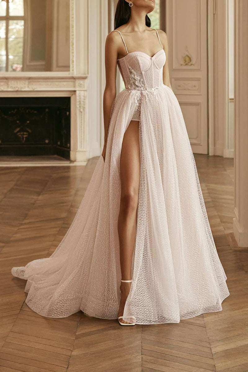 A Line Spaghetti Straps Appliques High Split Rustic Wedding Dress QW2217