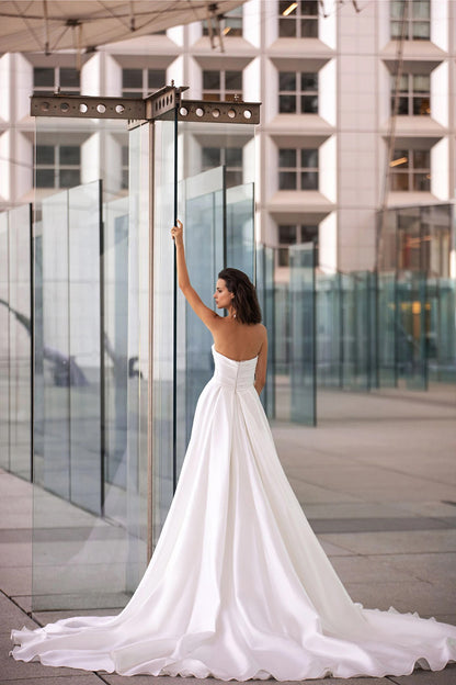 A Line V Neck Side Slit Long Sleeves Satin Wedding Dress Bridal Gown QW2204