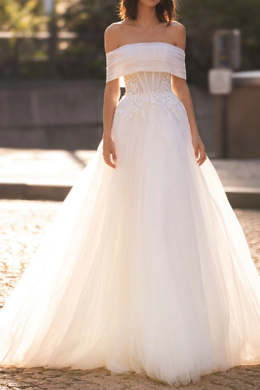 A Line Strapless Lace Appliques Rustic Wedding Dress QW2211