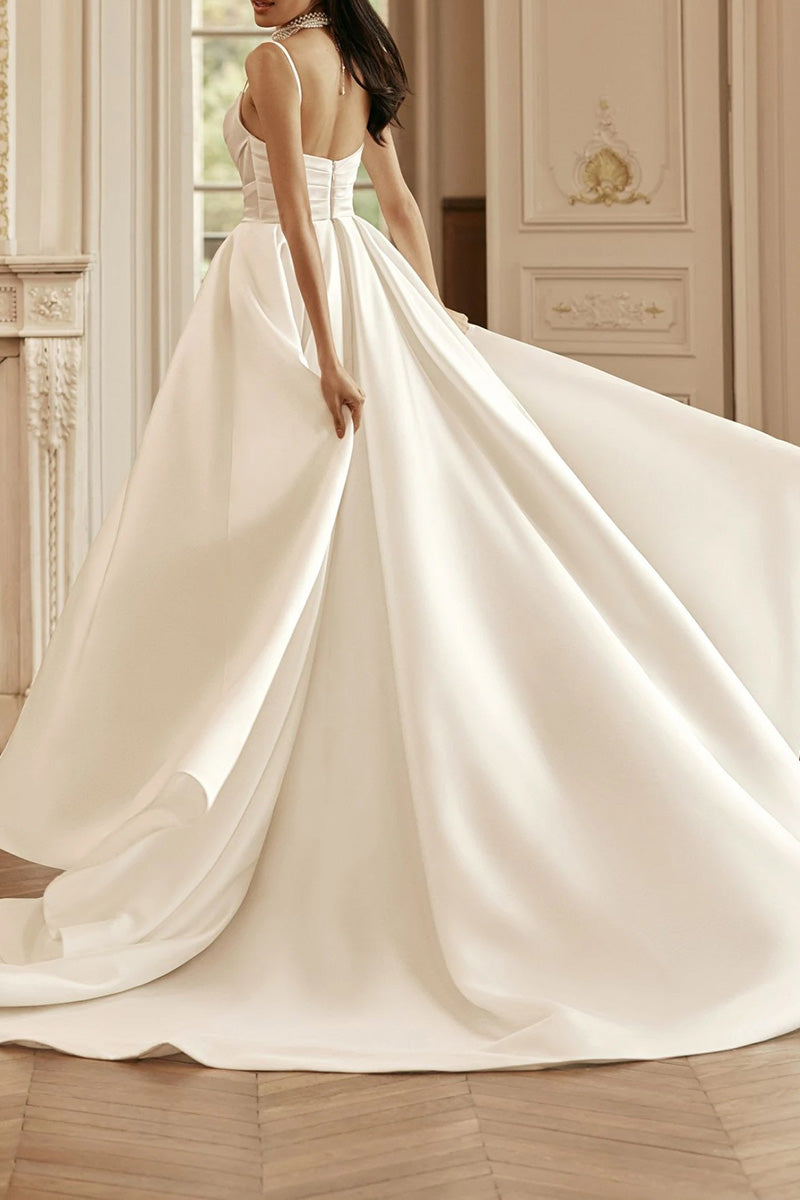 A Line Spaghetti Straps Pearls Satin Rustic Wedding Dress QW2182