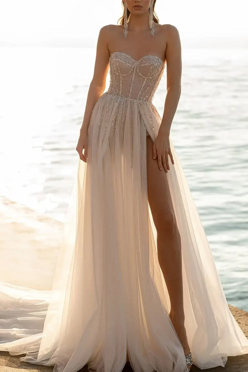 A Line Sweetheart Beads Tulle Bohemian Wedding Dress QW2190