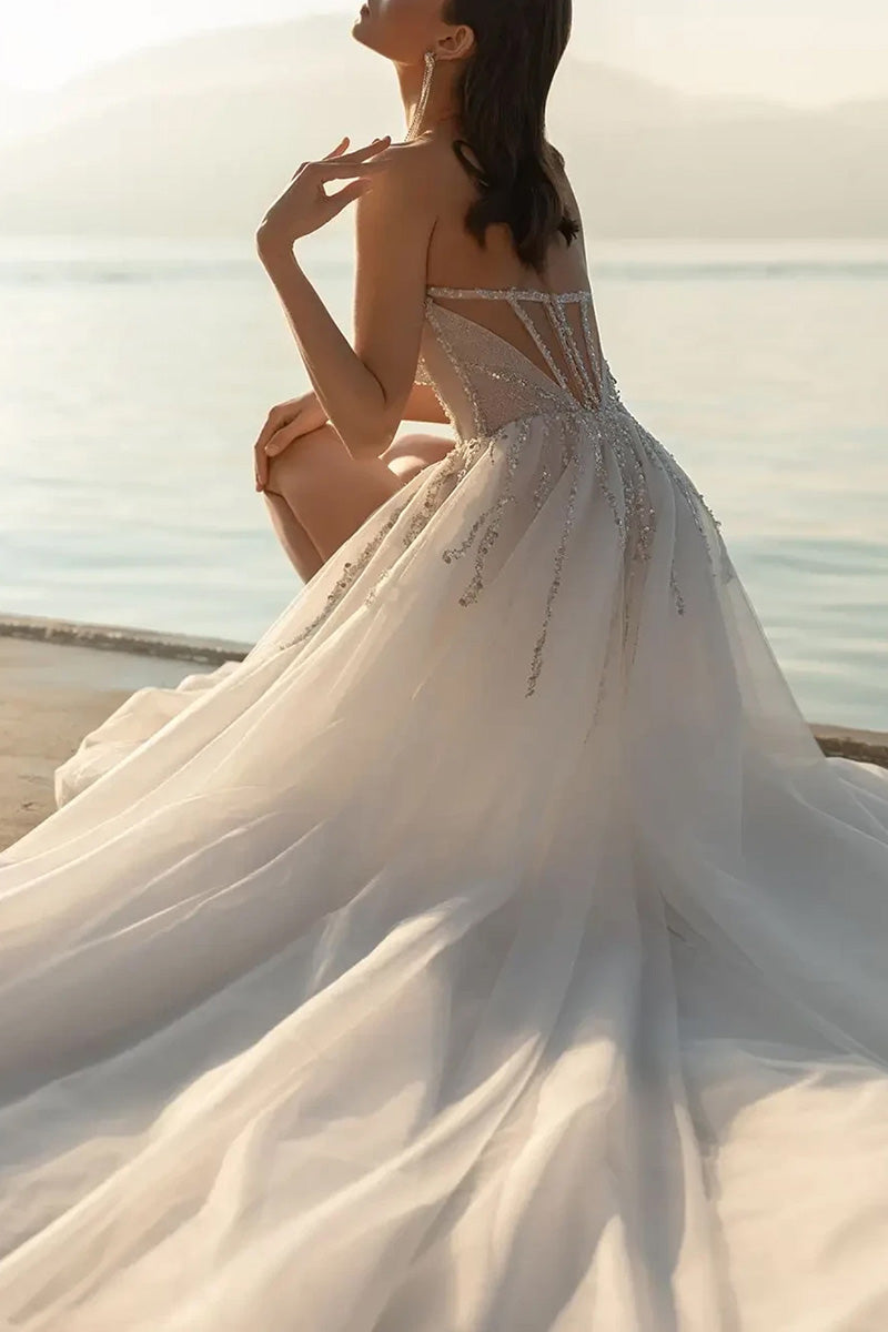 A Line Sweetheart Beads Tulle Bohemian Wedding Dress QW2190