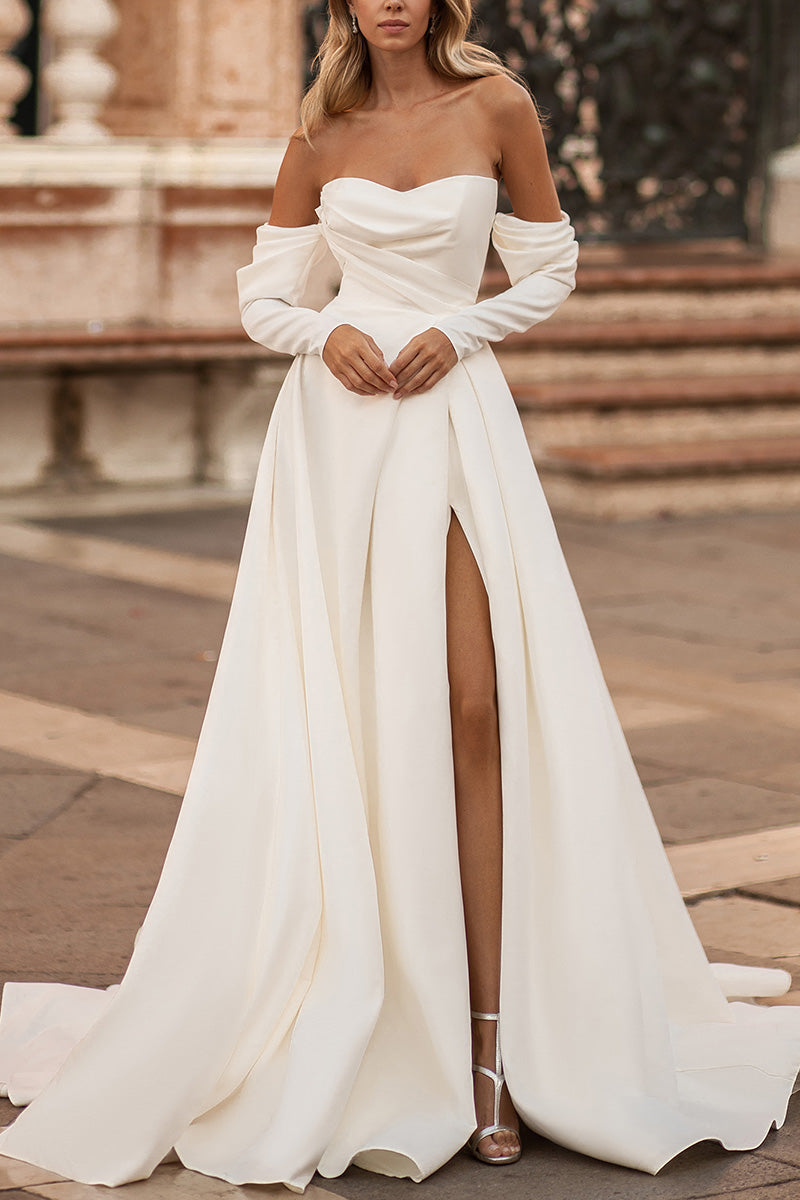 A line Sweetheart Satin Pleated Long Sleeves Rustic Wedding Dress with Slit QW2178