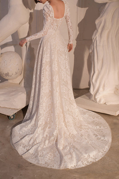 A line Allover Lace Wedding Dress with Long Sleeves Bohemian Wedding Gown QW2179