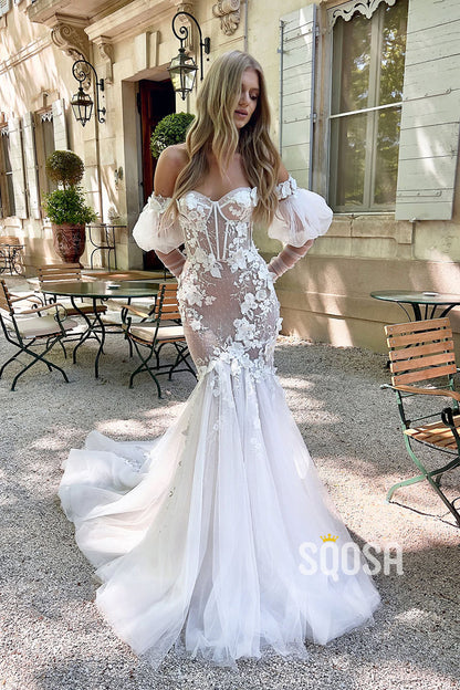 Mermaid Off-Shoulder Applique Sheer Wedding Boho Dress Bridal Gowns QW8034