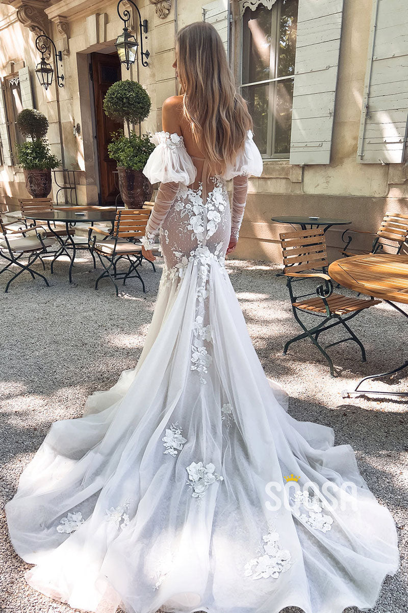 Mermaid Off-Shoulder Applique Sheer Wedding Boho Dress Bridal Gowns QW8034