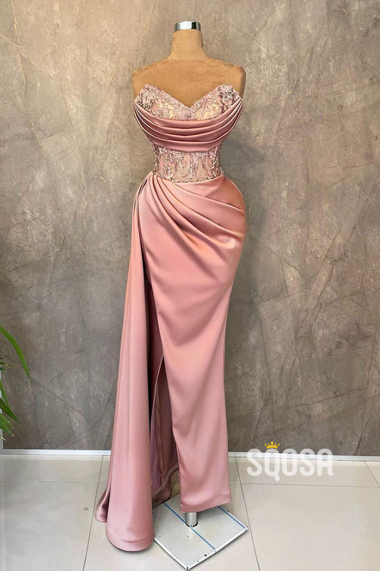 Plunging Applique Strapless Sheer Pleats Long Prom Dress With Slit QP2838